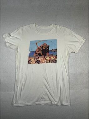 White Graphic T-Shirt with Grim Reaper Beach Print